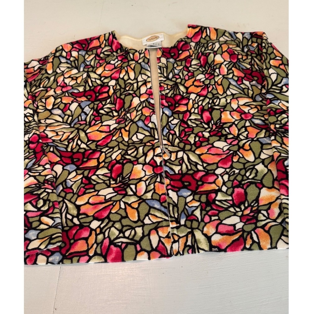 Talbots Women Small Stained Glass Floral Open Front Cotton Cardigan Sweater Pink